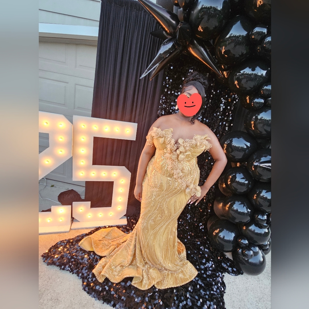 Gold Off-Shoulder Beaded Prom Dress with Floral Appliqué